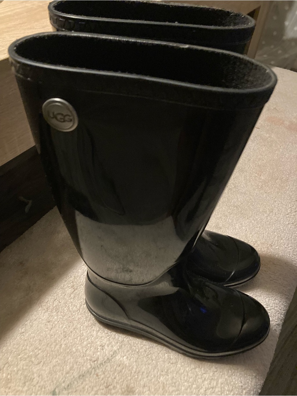 UGG Women's Black Glossy Rain Boots with Logo Button